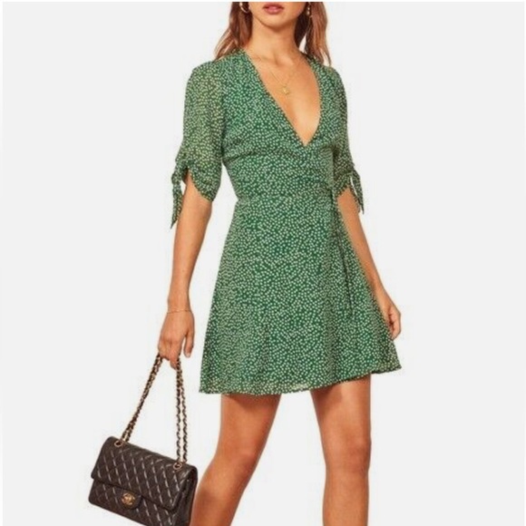 Reformation Green Sammy Wrap Dress White Small Floral Print, Size S - Picture 2 of 13